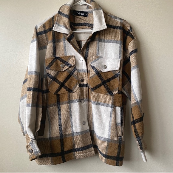 fab'rik Tops - Tan and white plaid flannel oversized shacket, size M